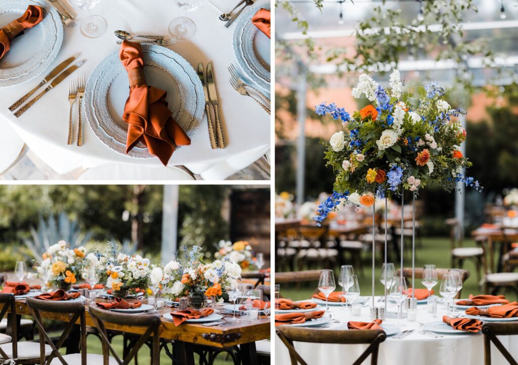 Fall wedding reception featuring orange, white, and blue floral arrangements with burnt orange napkins 