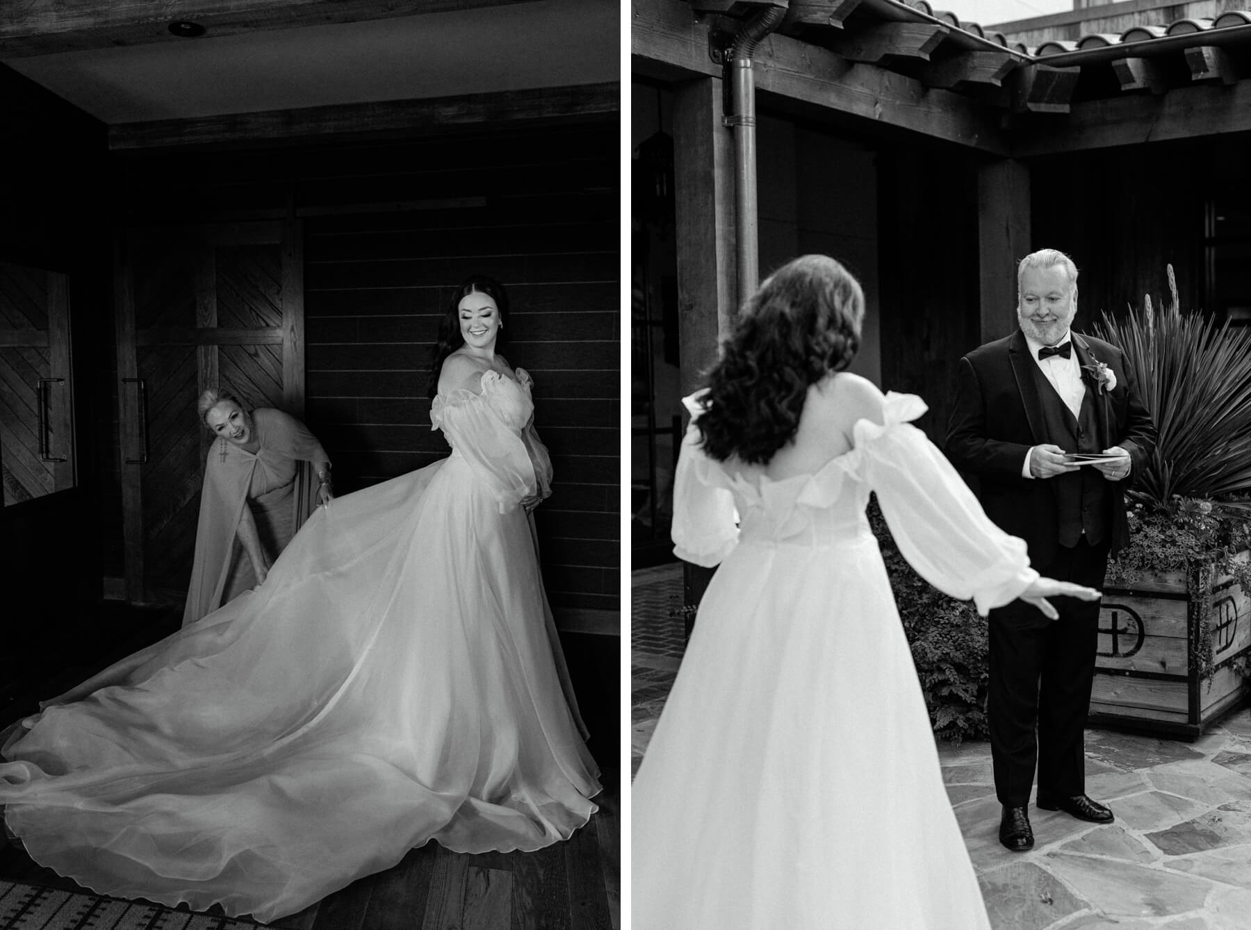 Mother of the bride fluffing bride's dress and father seeing bride for the first time before Hotel Drover wedding
