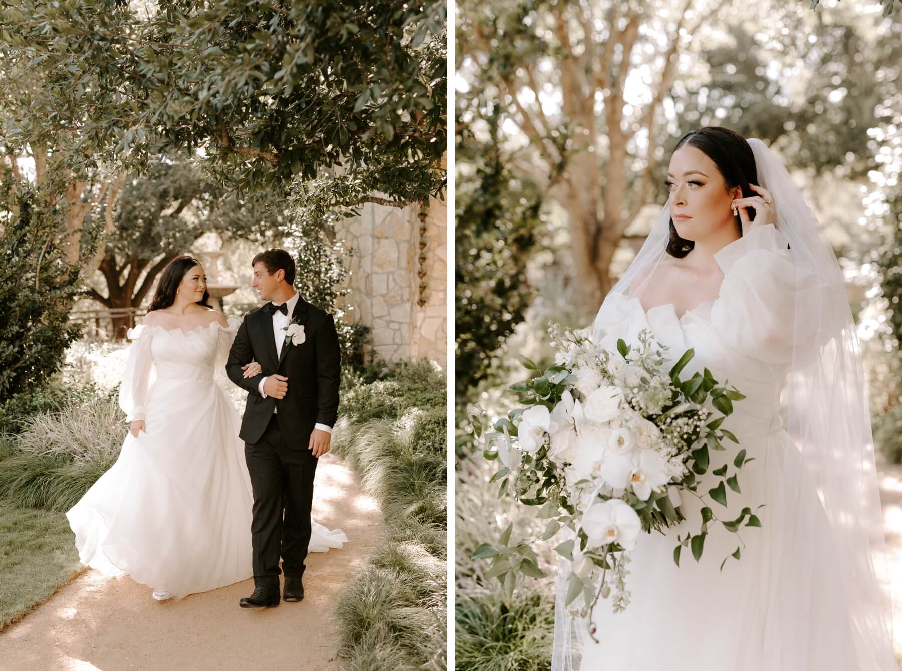 Bride and groom walking together in courtyard at Hotel Drover and Bride holding white and green bouquet 
