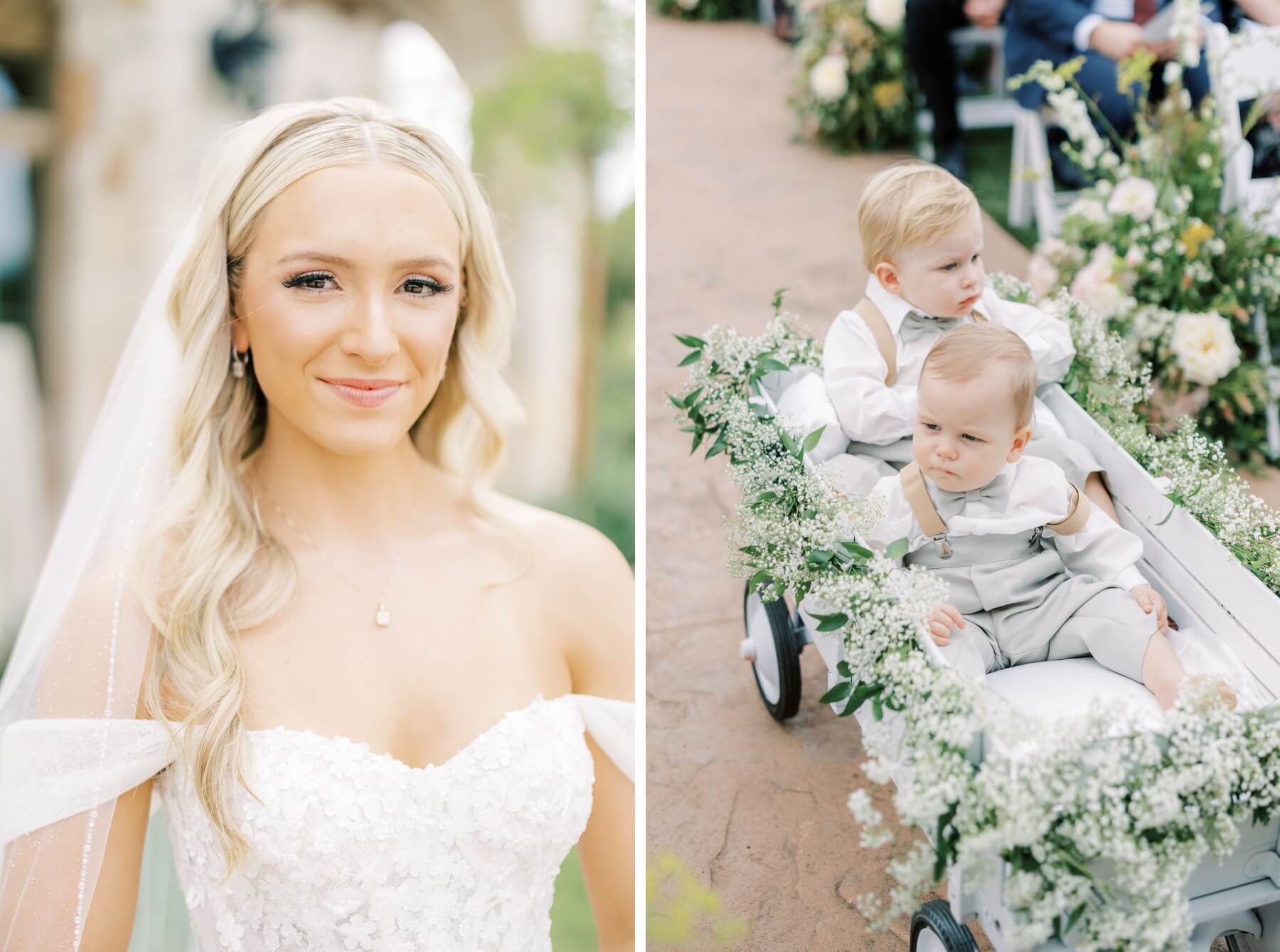 Bride wearing off the shoulder floral dress and ring bearers in wagon with white floral decor