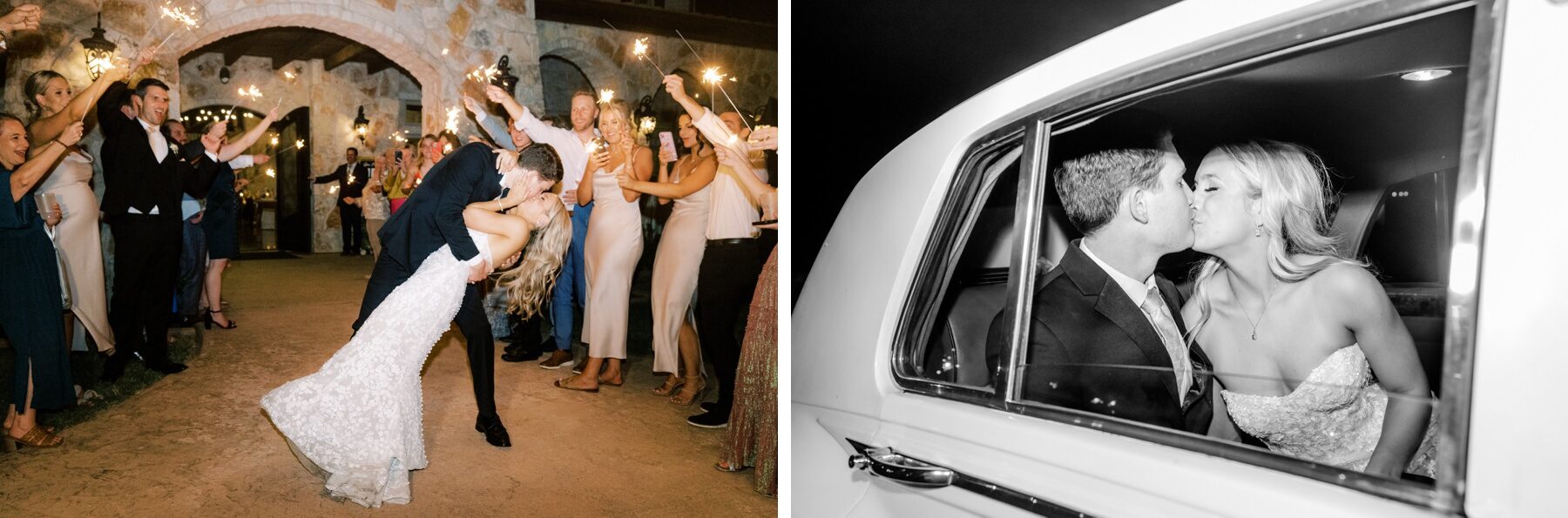Groom dipping bride during kiss at wedding reception exit and kissing in getaway car