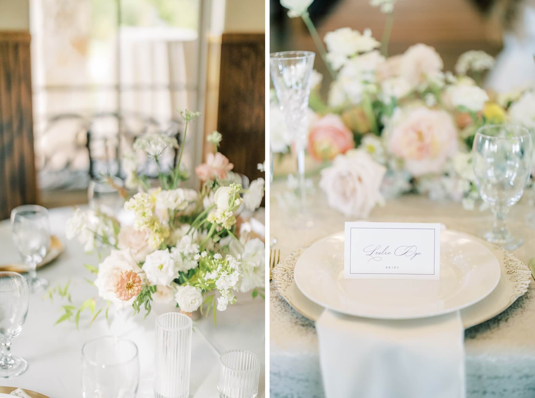 Pastel floral arrangements on wedding reception table with ivory place setting and white place card