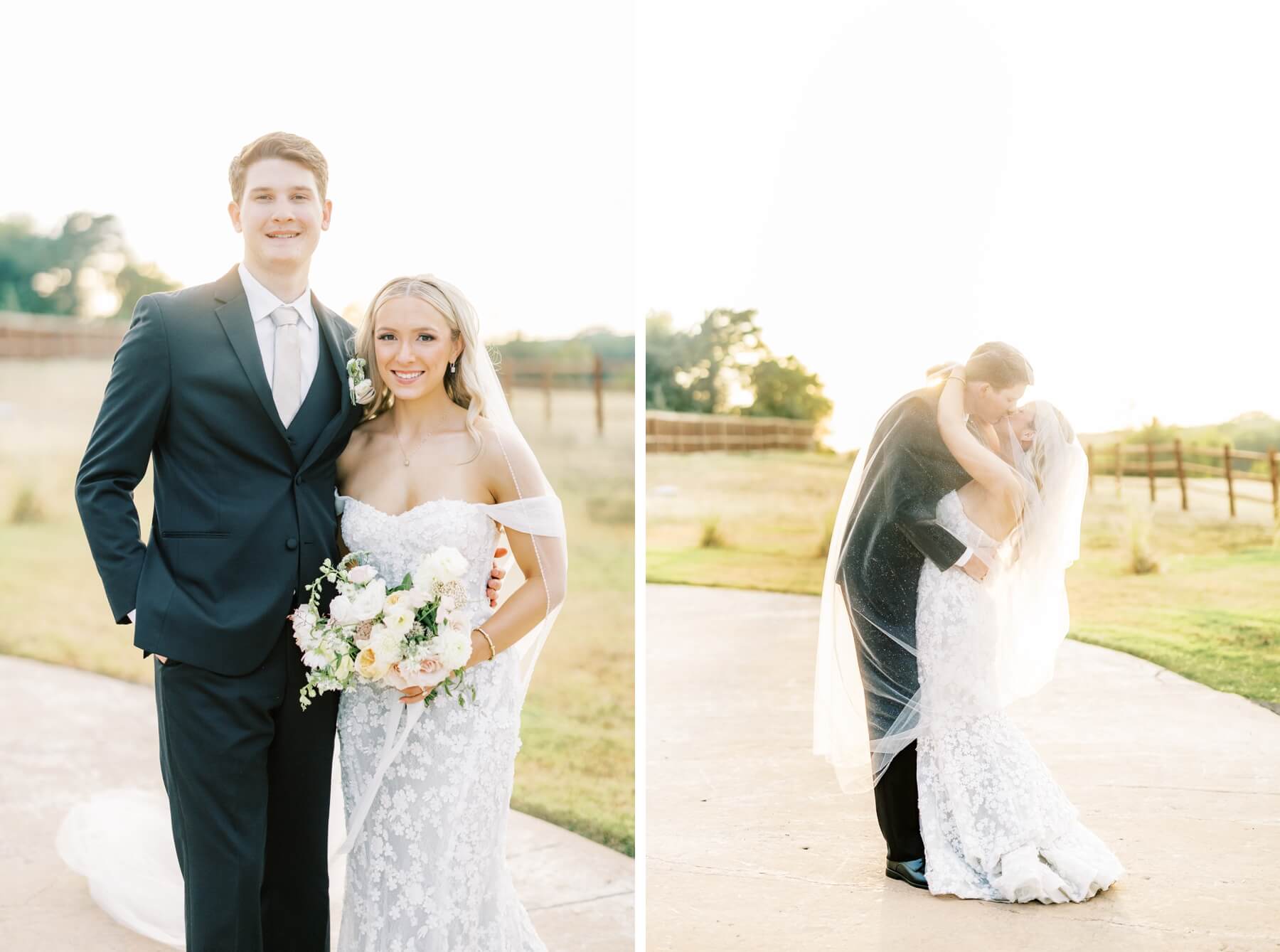 Bride and groom taking golden hour photos at The Springs in McKinney