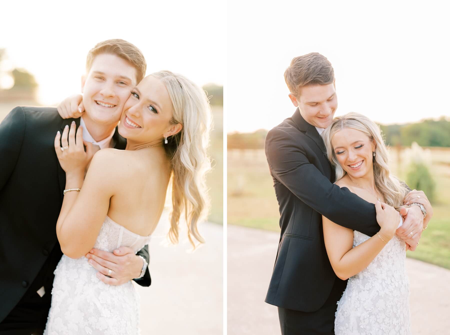 Bride and groom taking couple's photos during golden hour at The Springs in McKinney