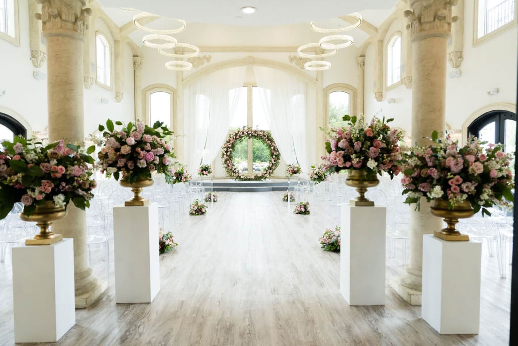 Pink and green ceremony floral design by Flower Shack Blooms