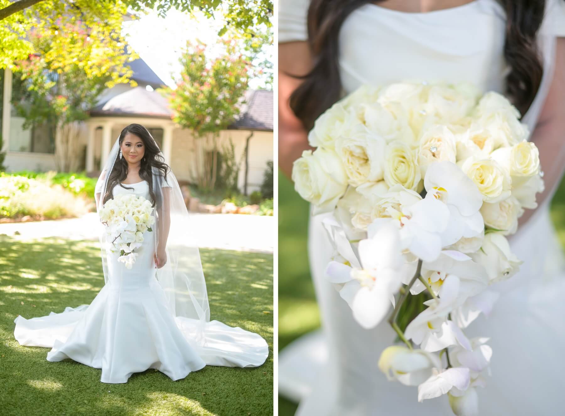 Bride in satin off-the-shoulder gown with bouquet of white roses and orchids