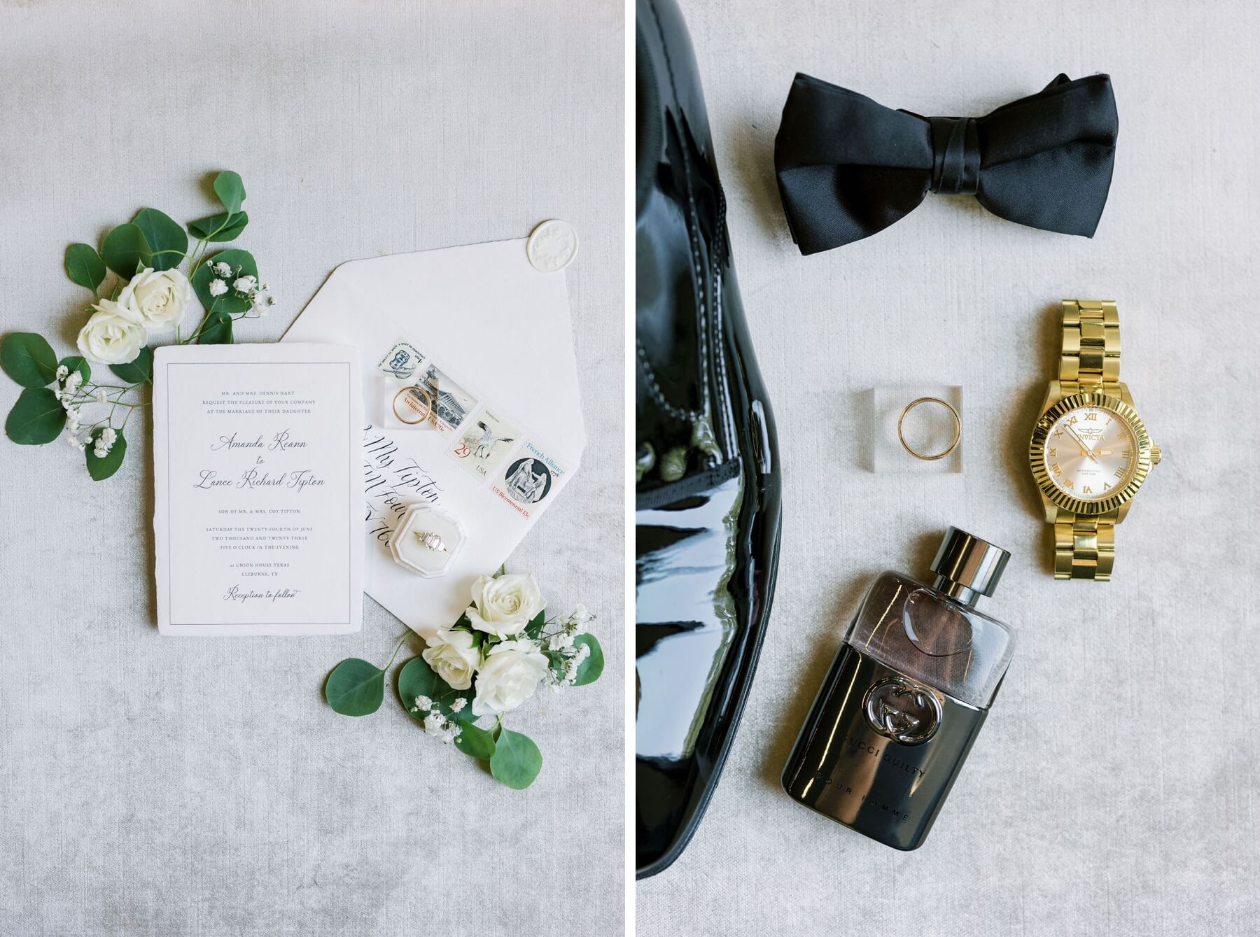 White wedding invitation with white flowers and greenery and groom's bow tie, shoes, watch, and cologne