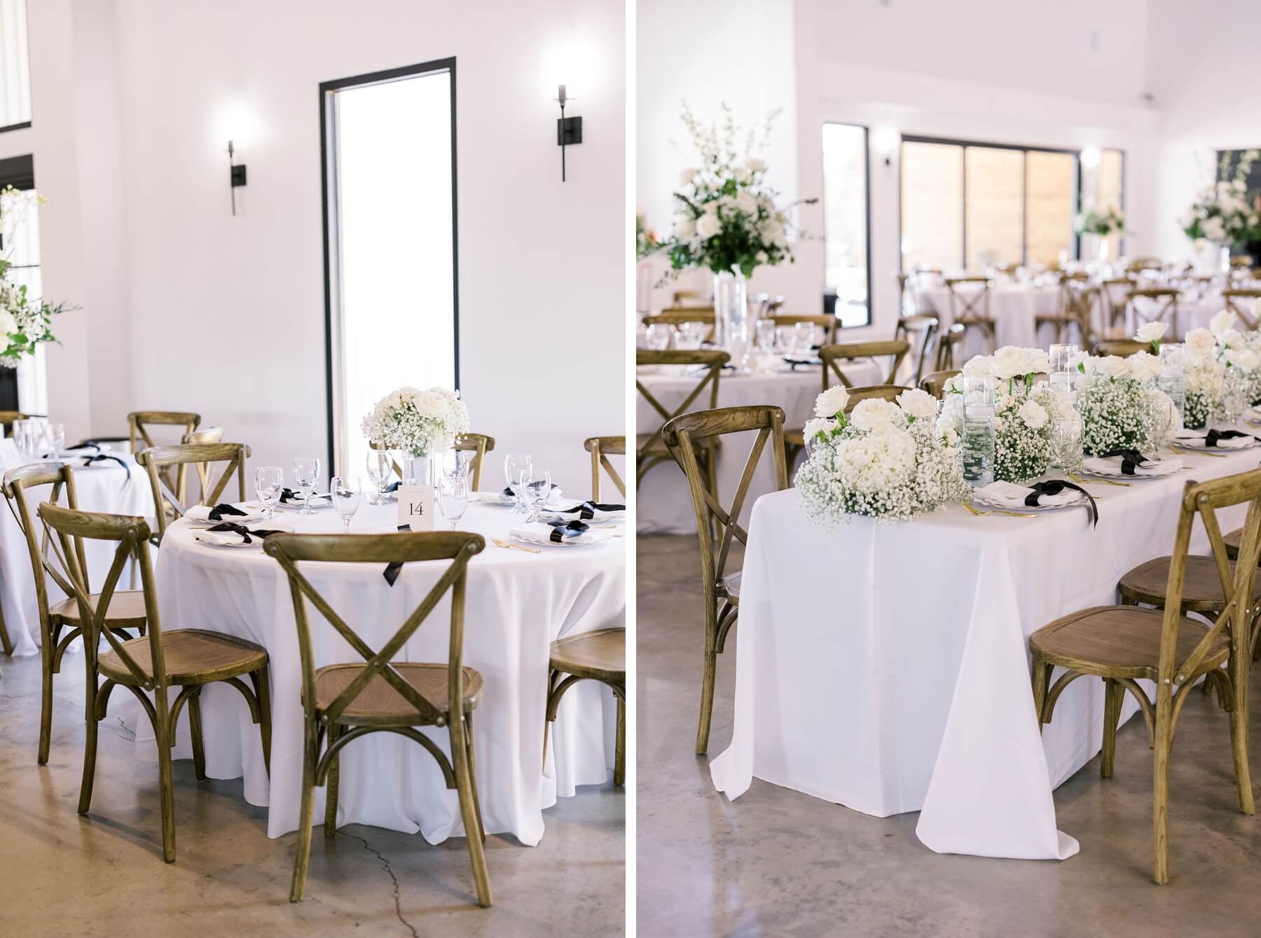 White floral arrangements featuring baby's breath and roses at wedding reception at Union House TX
