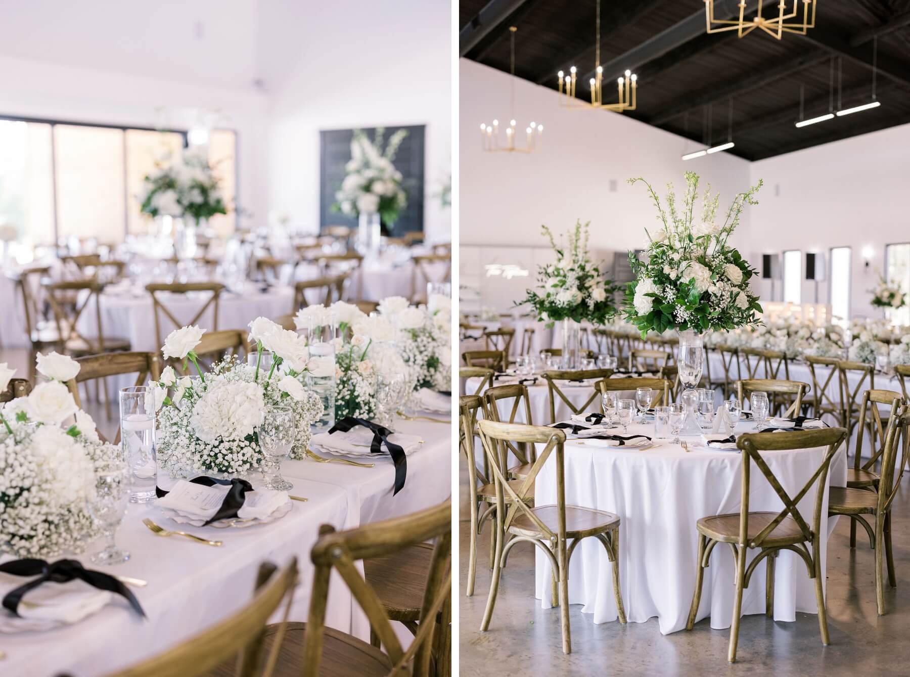White floral arrangements with baby's breath, roses, hydrangeas, and greenery at tables with cross back chairs at Union House TX