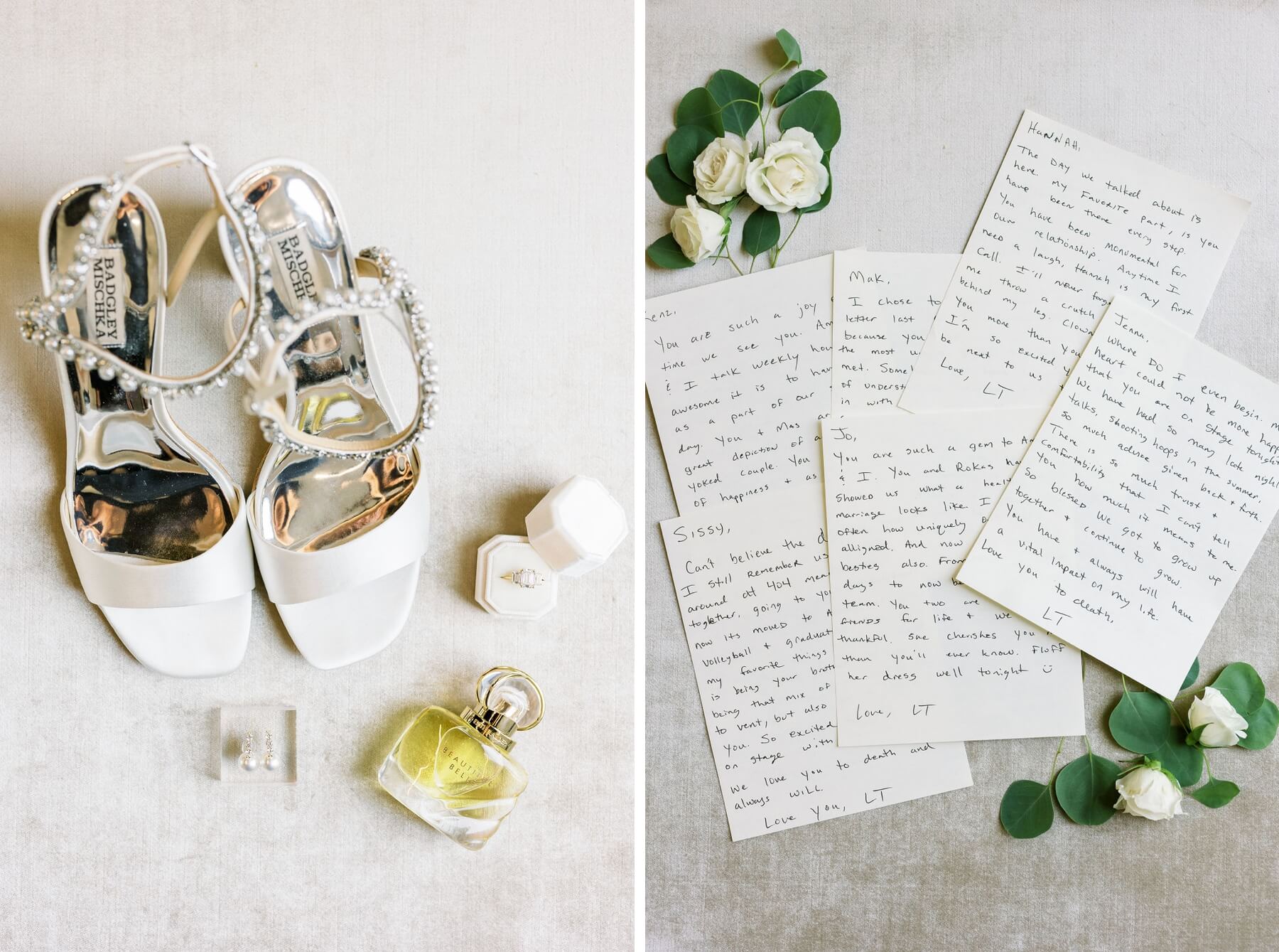 White Badly Mischka bridal shoes with wedding ring, perfume, and handwritten vows