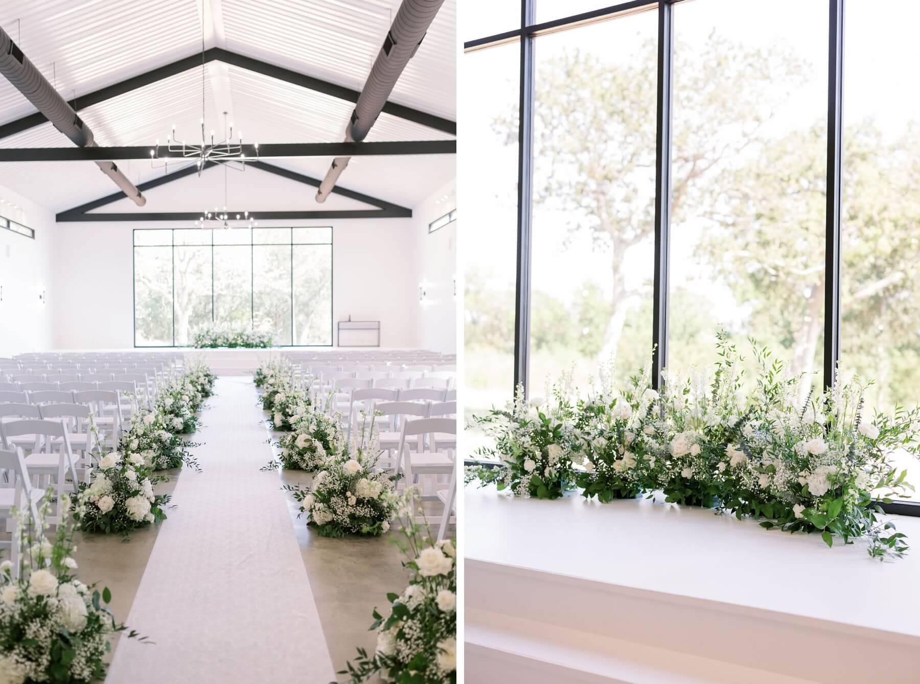 Chapel at Union House TX with white floral arrangements lining the aisle and white floral arrangement as ceremony backdrop 