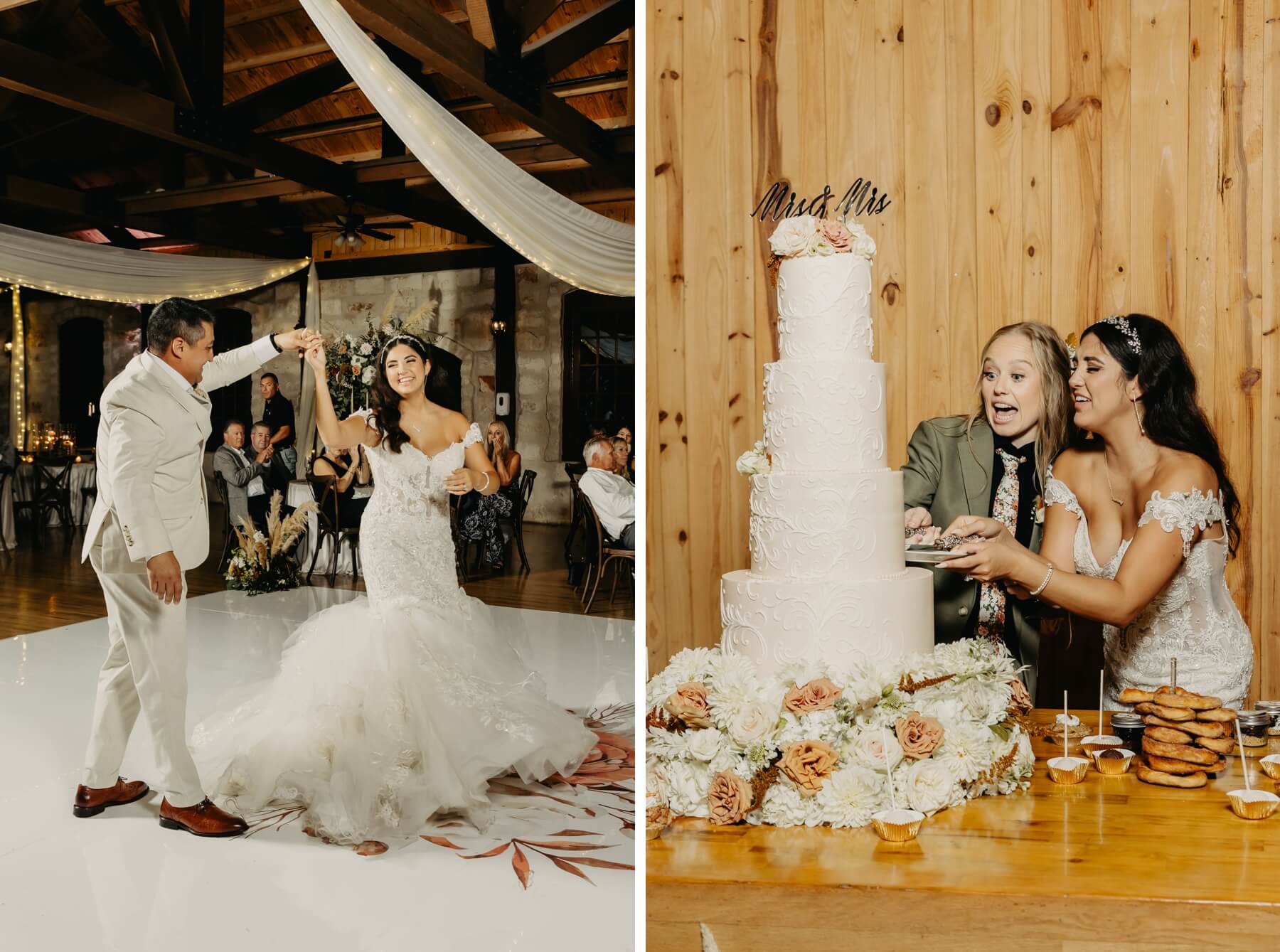 Woman dancing with her dad and couple cutting cake 