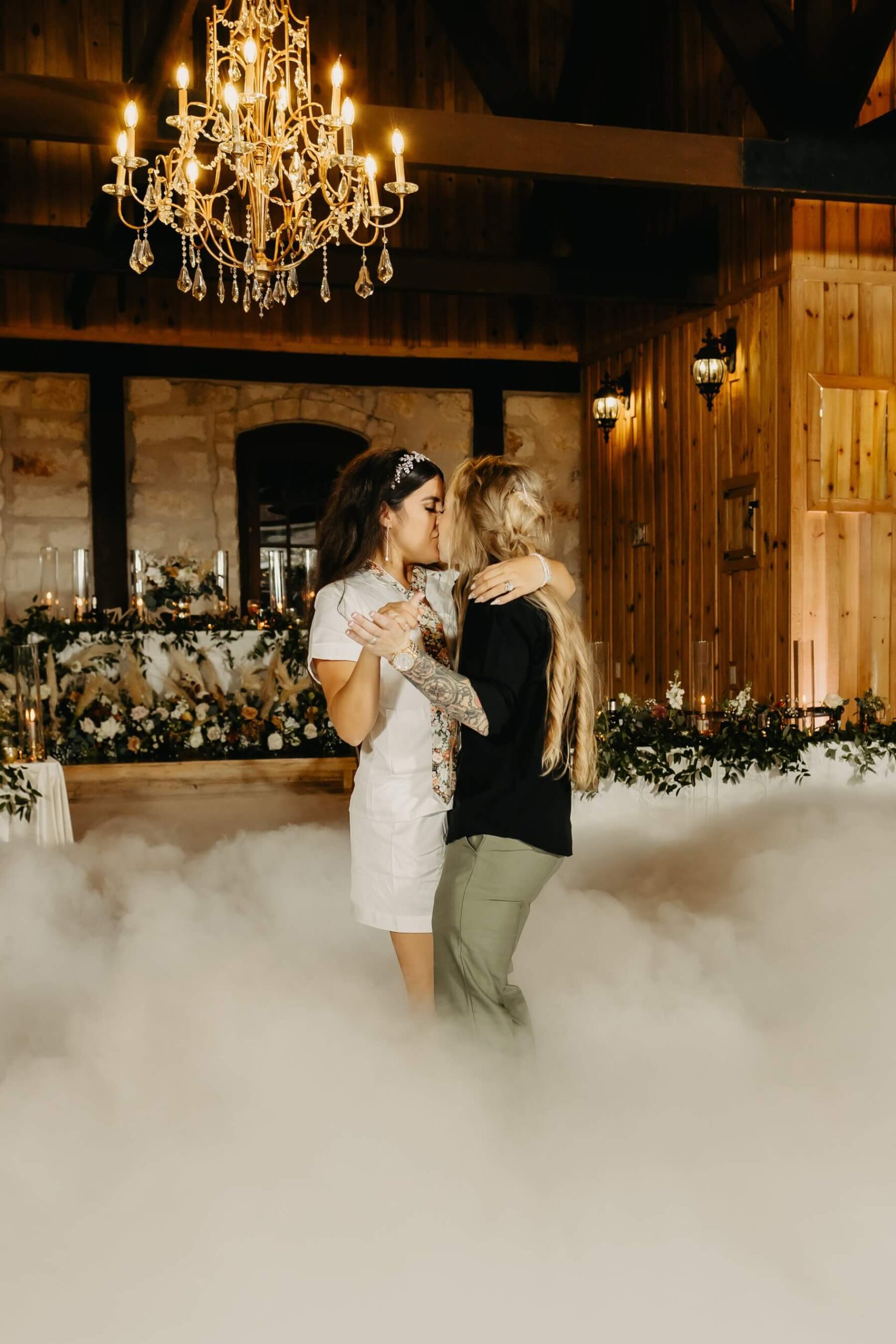 Couple having private last dance with fog machine
