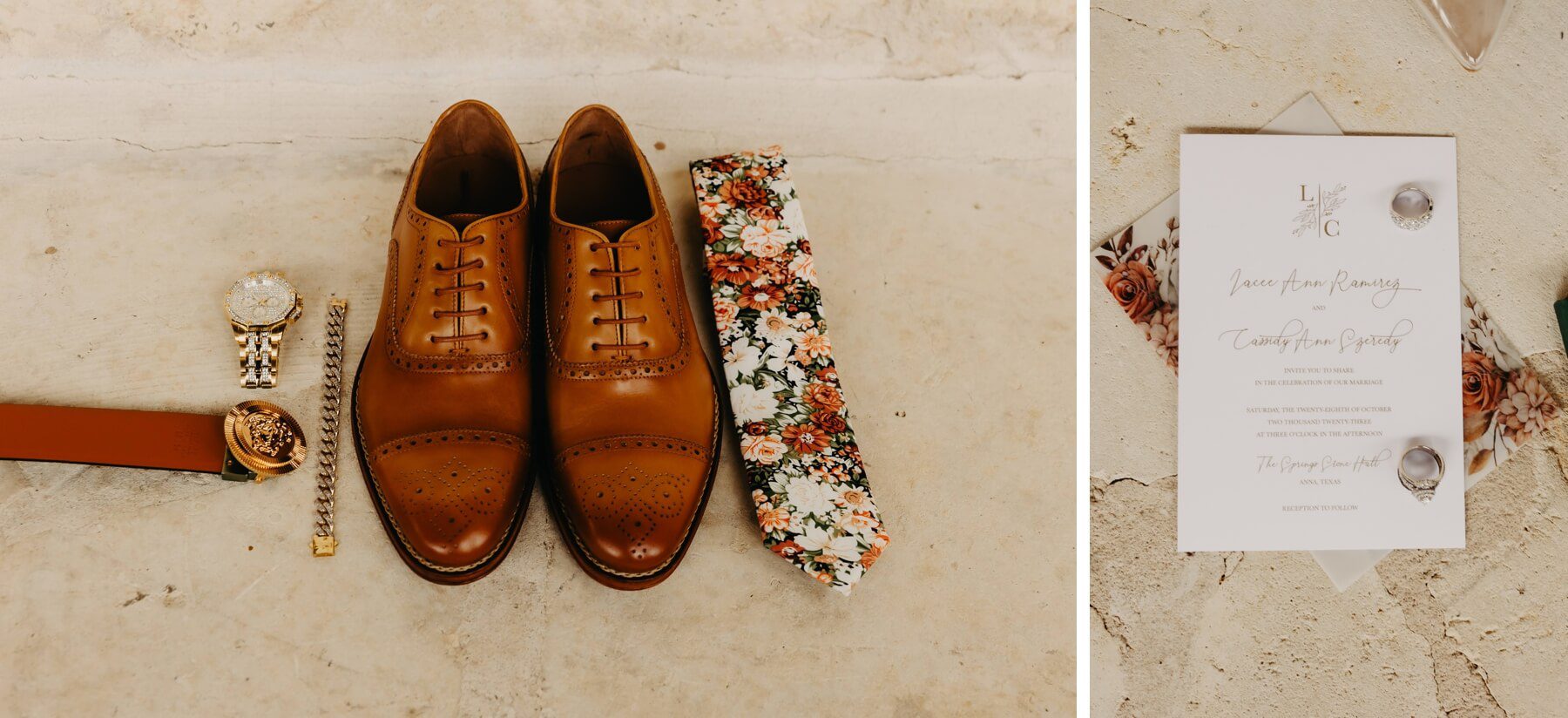 Brown dress shoes with floral tie and accessories and boho floral wedding invitation 