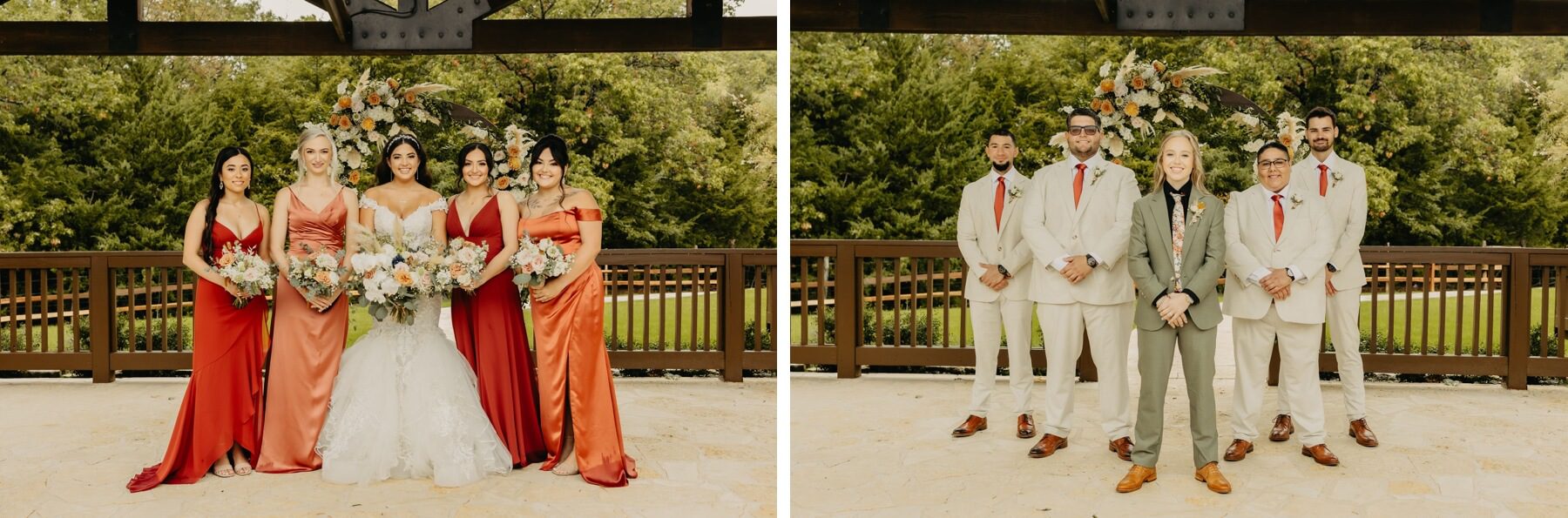 Couple with wedding party in rust and burnt orange dresses and tan suits with burnt orange ties