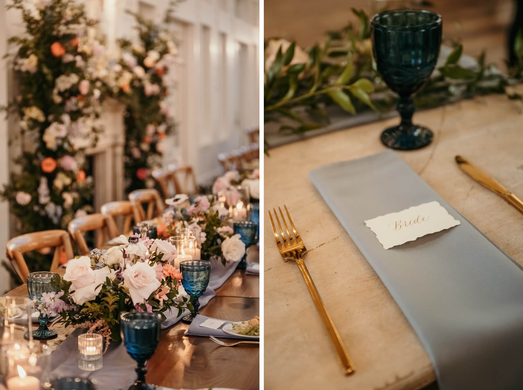 Farmhouse table with pastel florals and candles along with blue napkins and gold forks at The French Farmhouse Venue