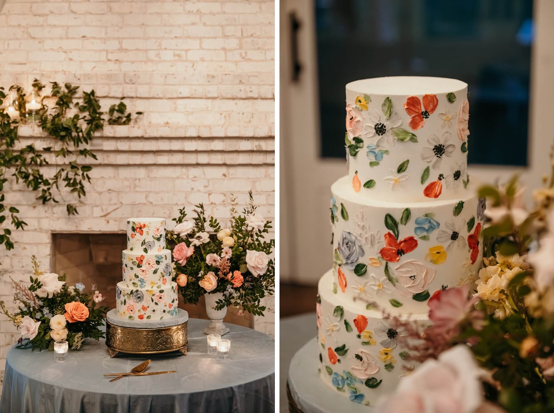 Three tier wedding cake with handprinted abstract flowers