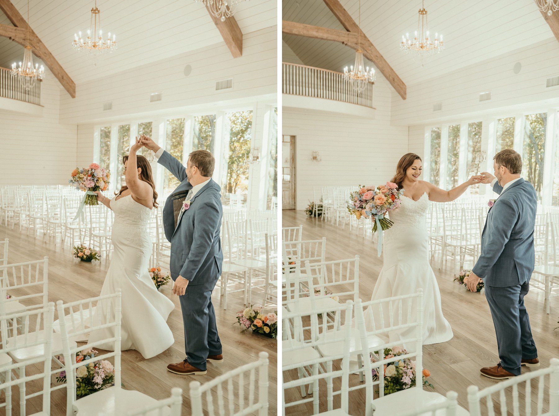 Groom twirling bride during first look