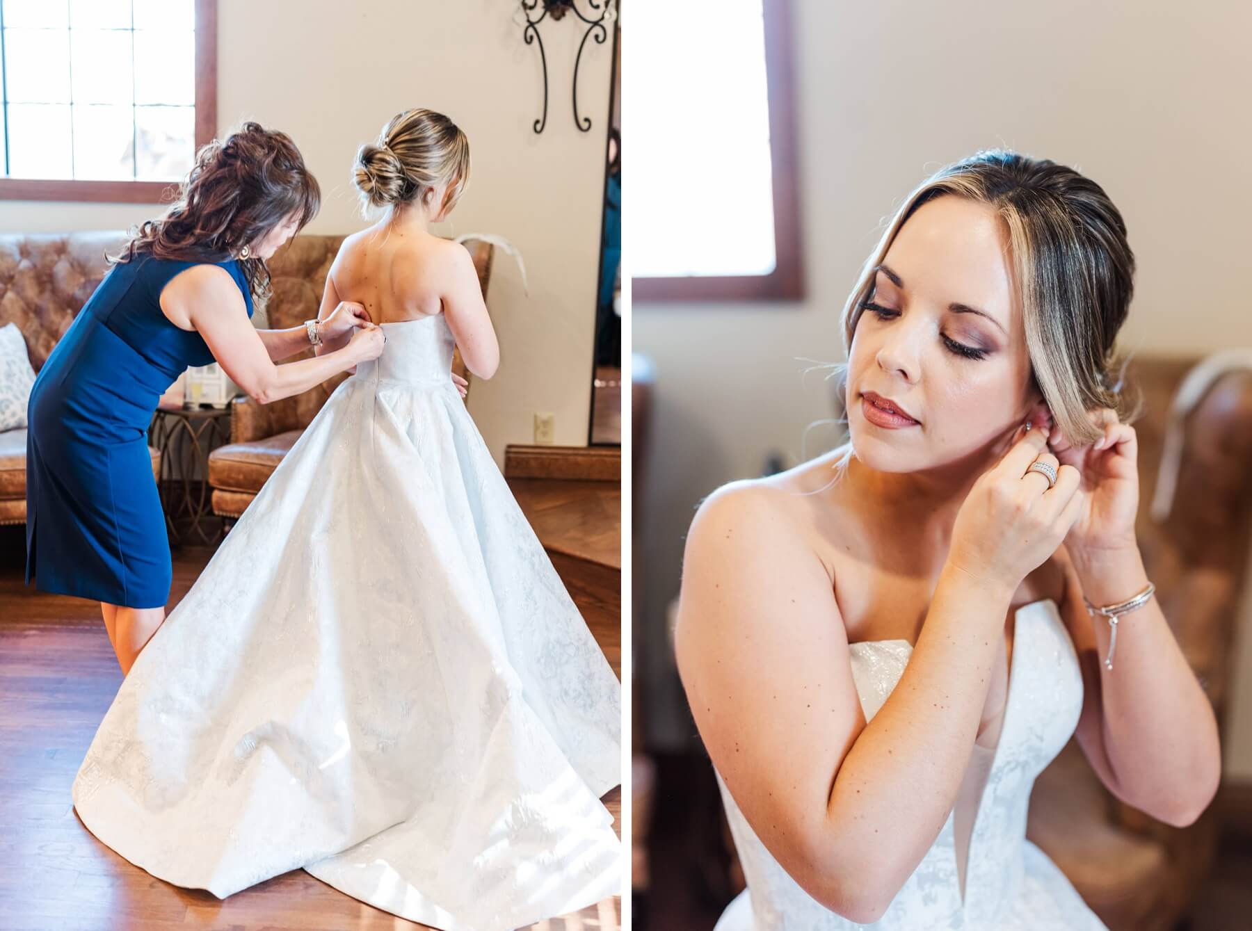 Bride getting dressed with help of mom