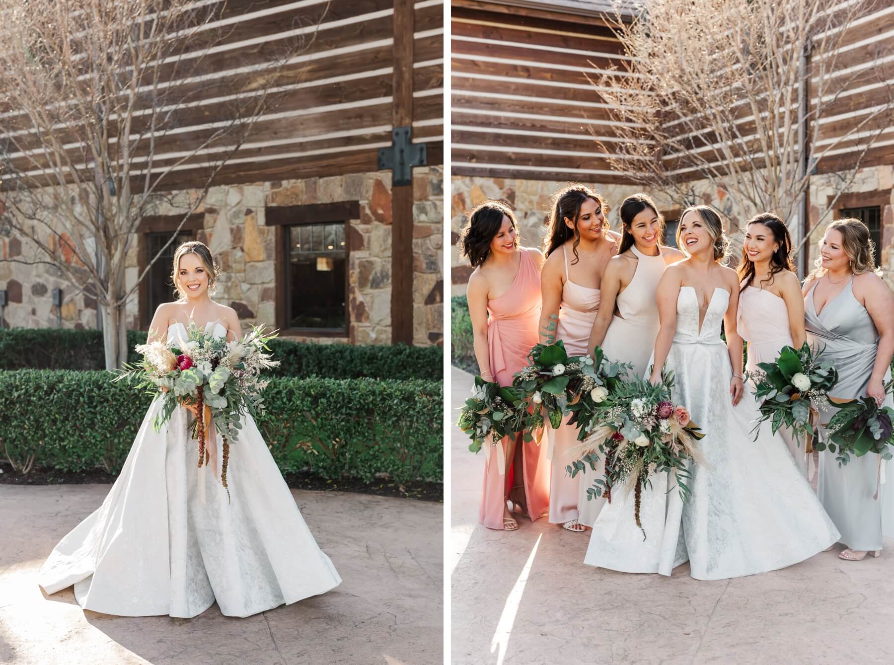 Bride holding bouquet and bridesmaids laughing with bride