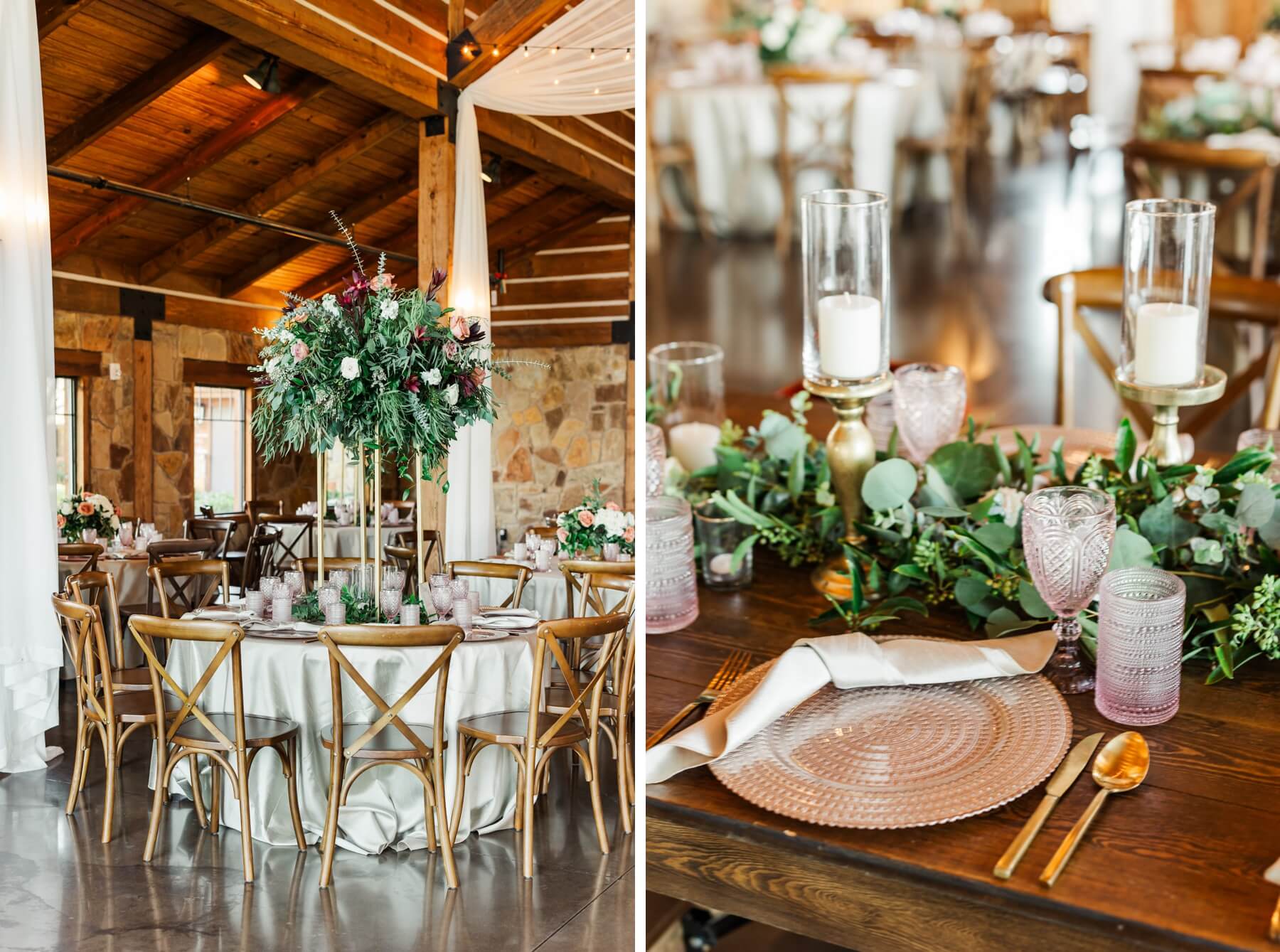 Reception space at The Lodge at The Springs in Denton decorated with greenery and gold and pink accents