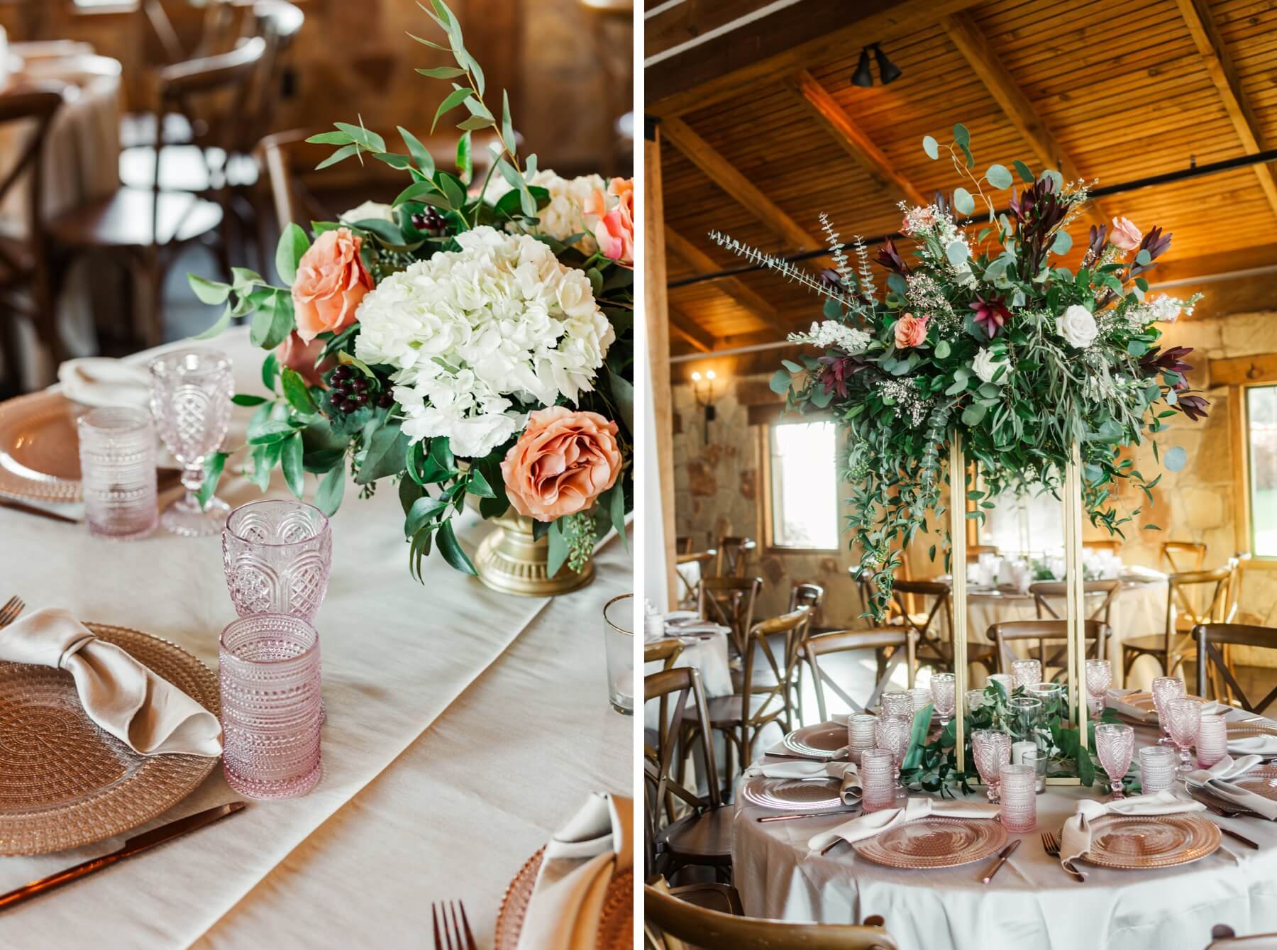 The Lodge at The Springs in Denton decorated with greenery with accents of pink, white, and burgundy 