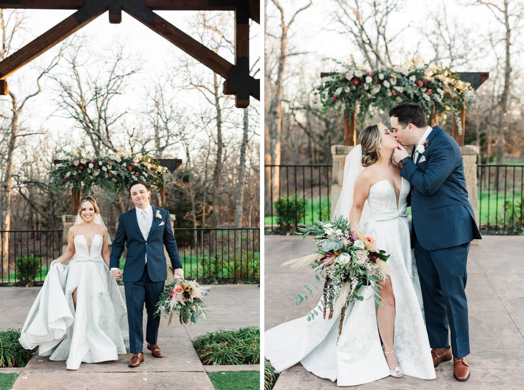 Bride and groom holding hands and kissing 