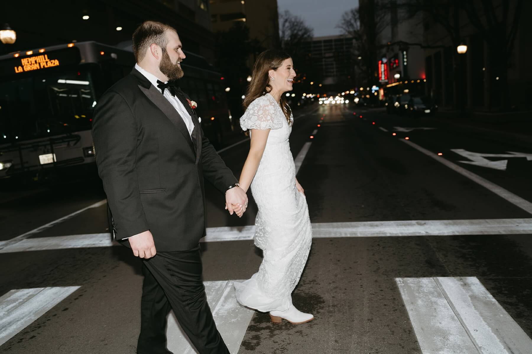 Bride and groom walking in downtown Fort Worth