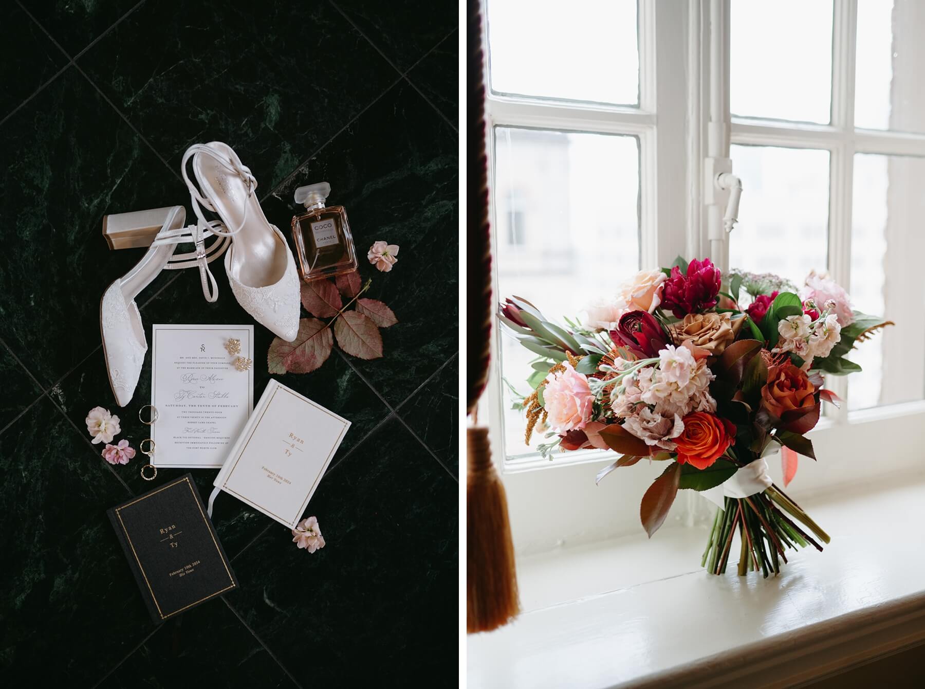 Shoes, invitation, and perfume next to bouquet of red and pink flowers