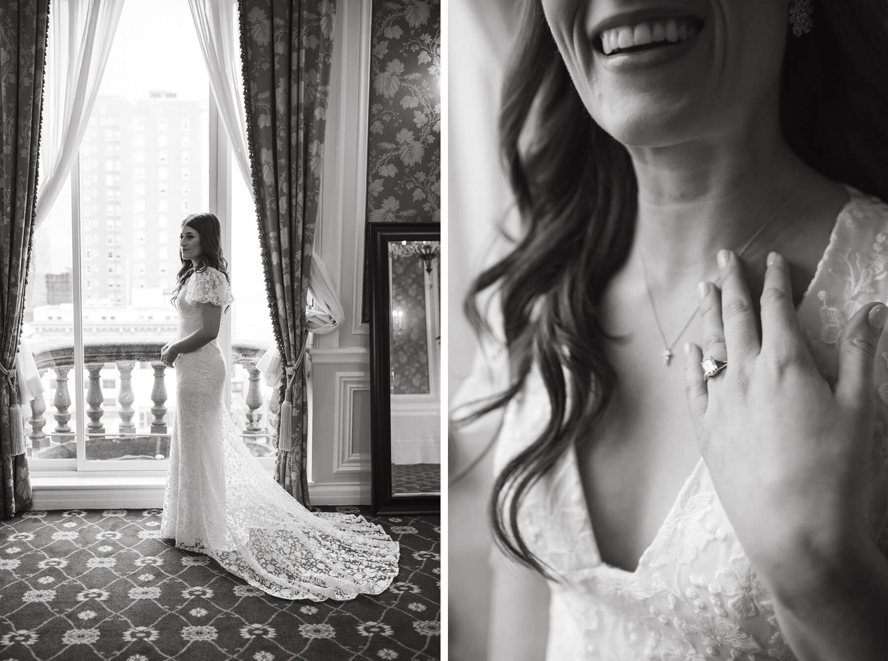 Bride standing in window of the Fort Worth Club