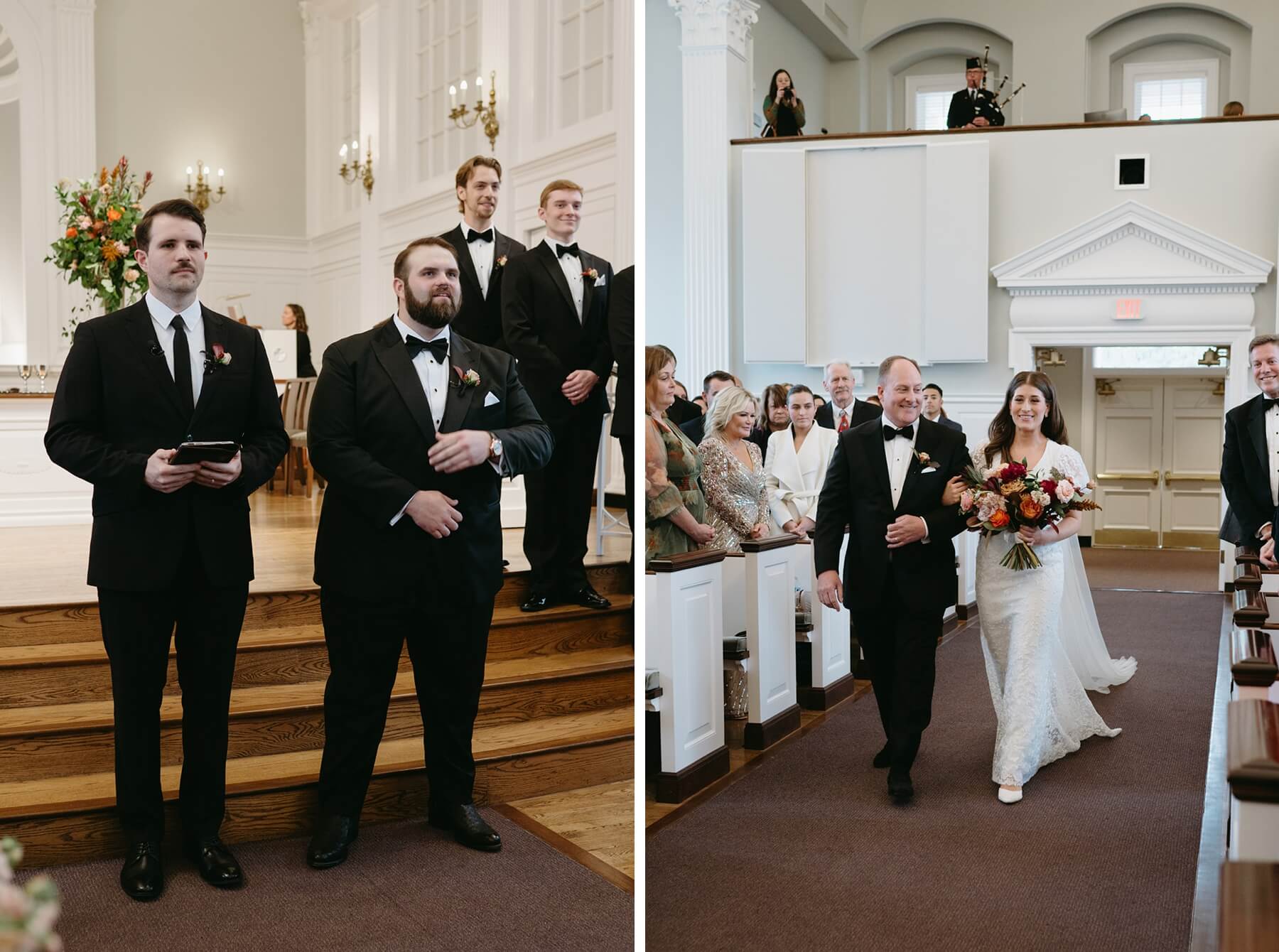 Groom watching bride walk down the aisle at Robert Carr Chapel