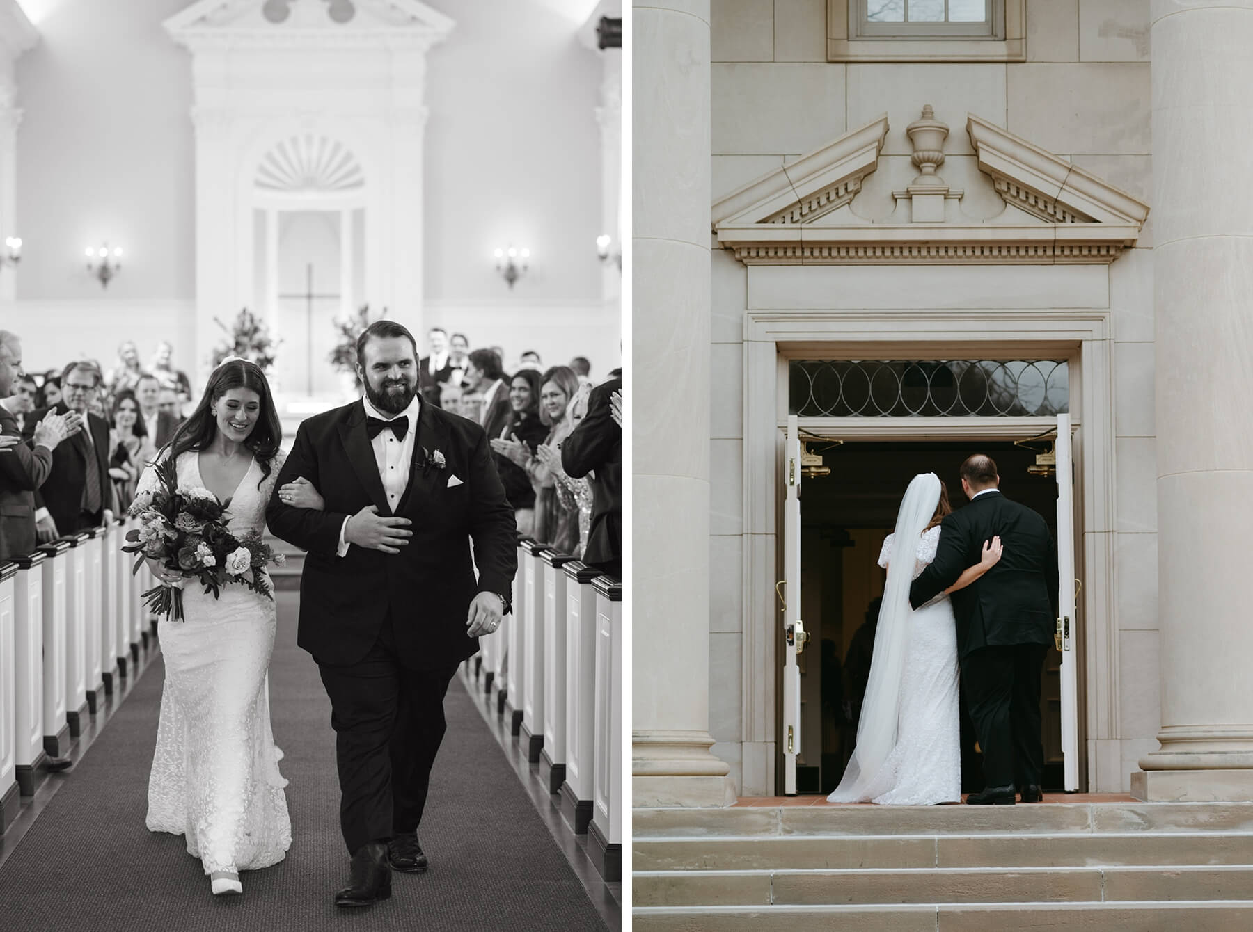 Bride and groom exiting Robert Carr Chapel then looking back at guests