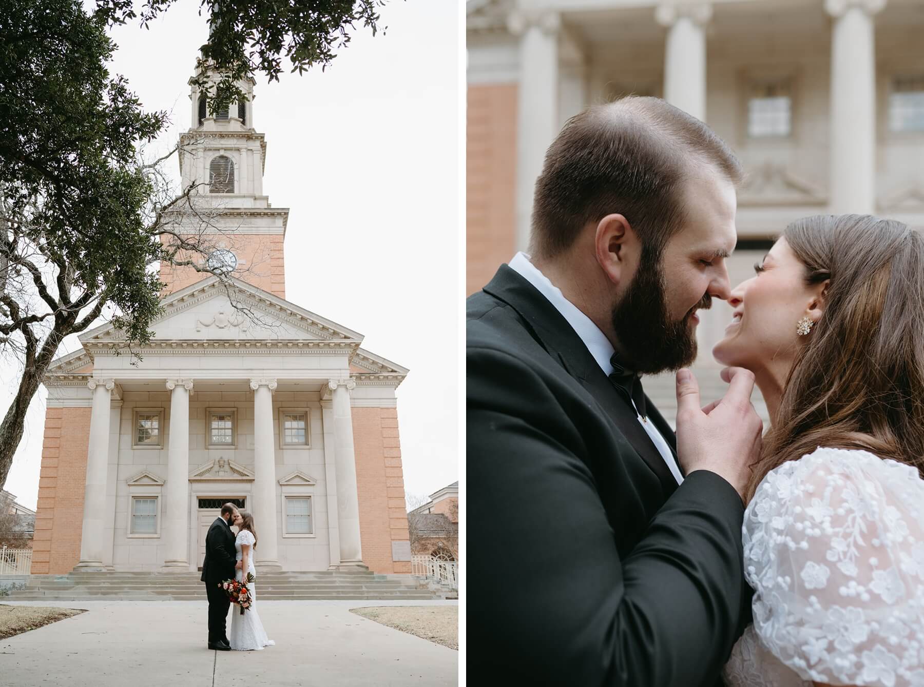 Bride and groom taking photos outside of Robert Carr Chapel