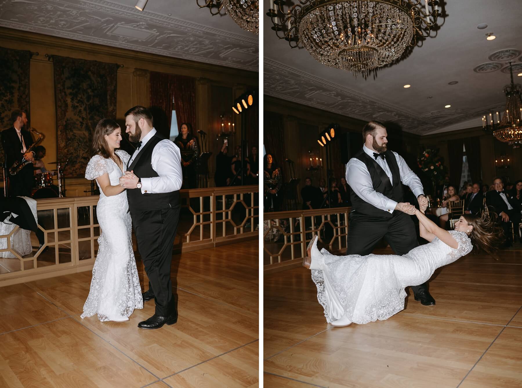 Bride and groom having first dance 