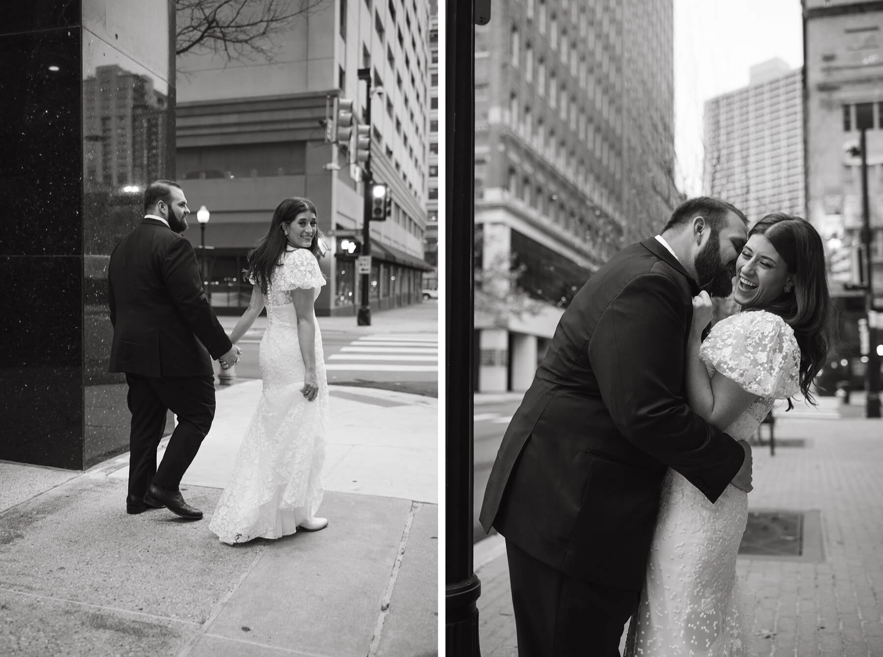 Bride and groom walking in downtown Fort Worth