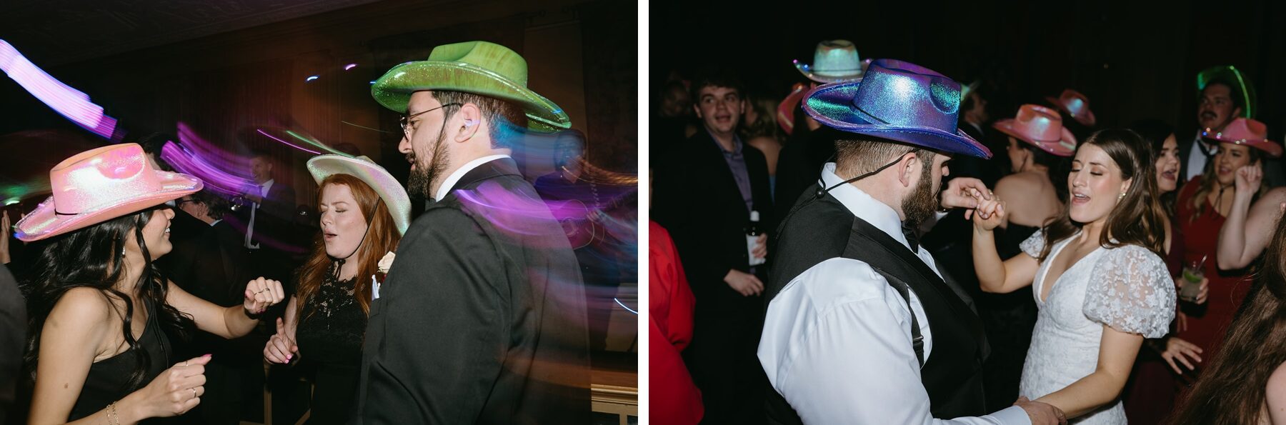 Wedding guests dancing in colorful cowboy hats