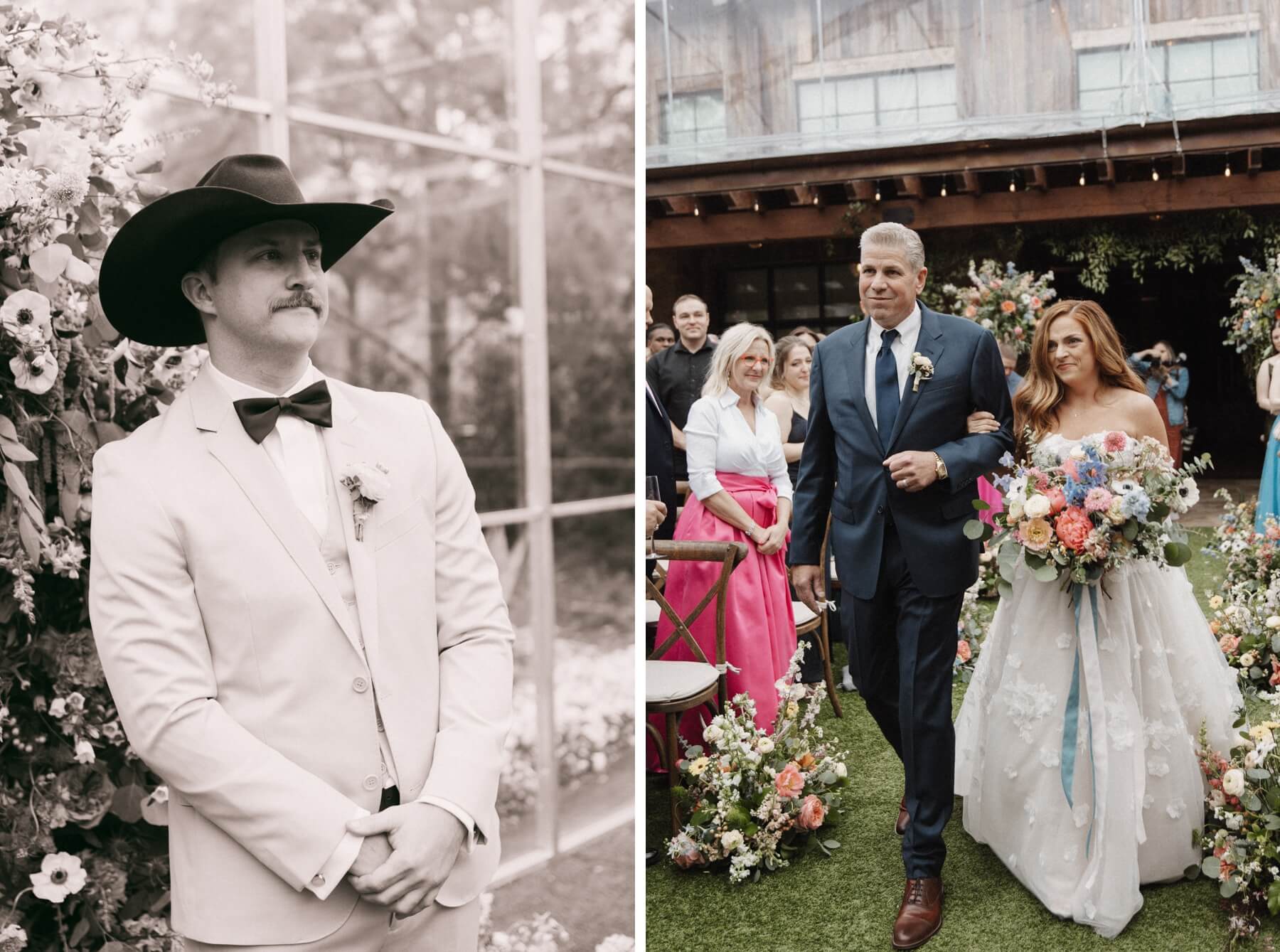 Groom watching bride walk down the aisle at Fort Worth wedding