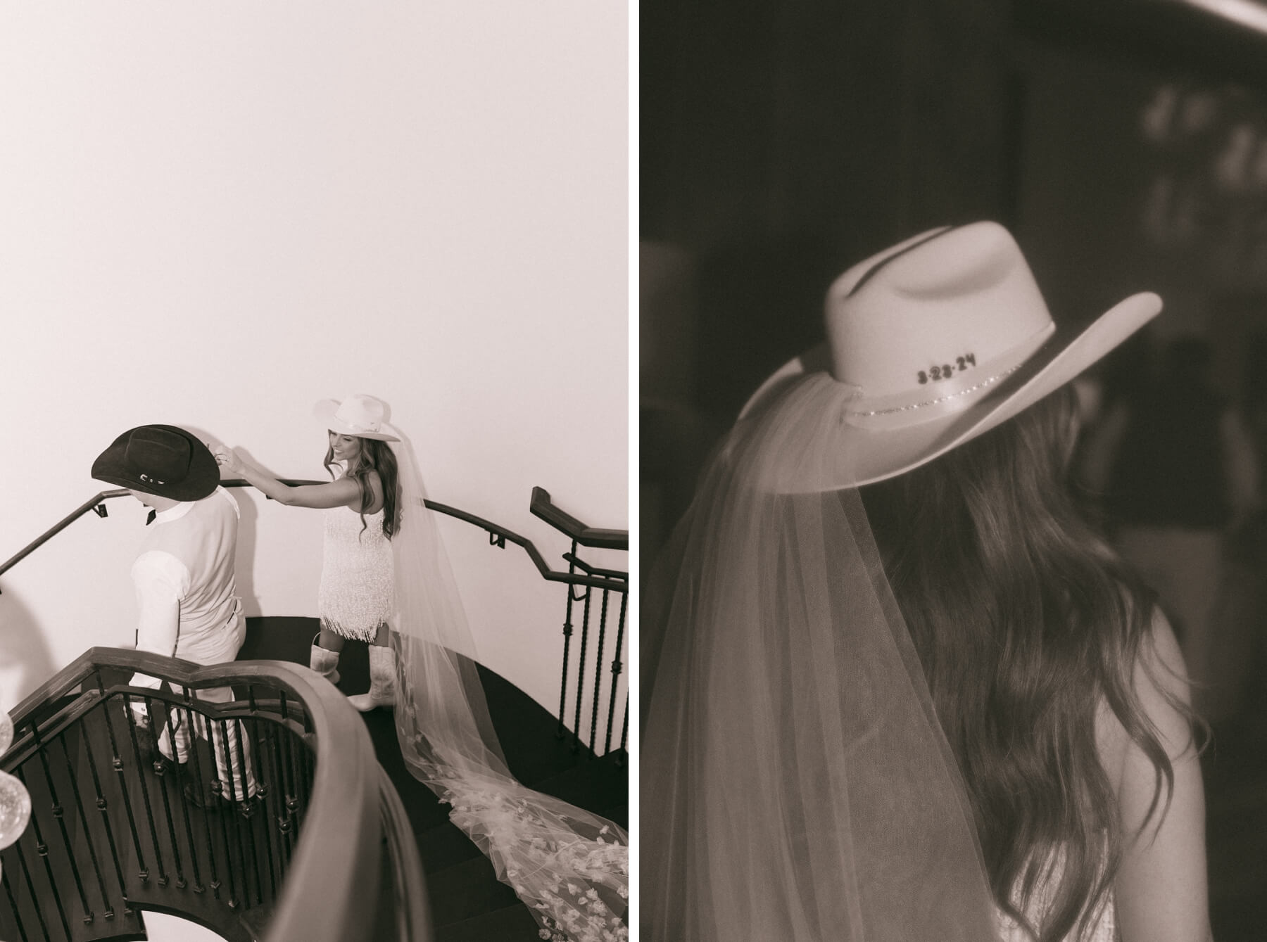 Bride wearing cowgirl hat with veil and wedding date branded on it