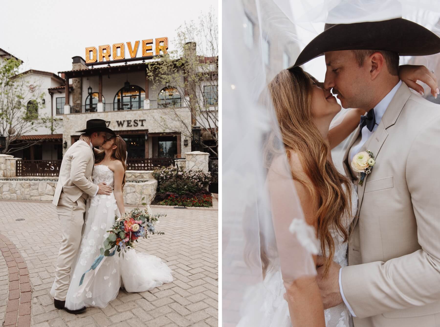 Bride and groom kissing in front of Hotel Drover