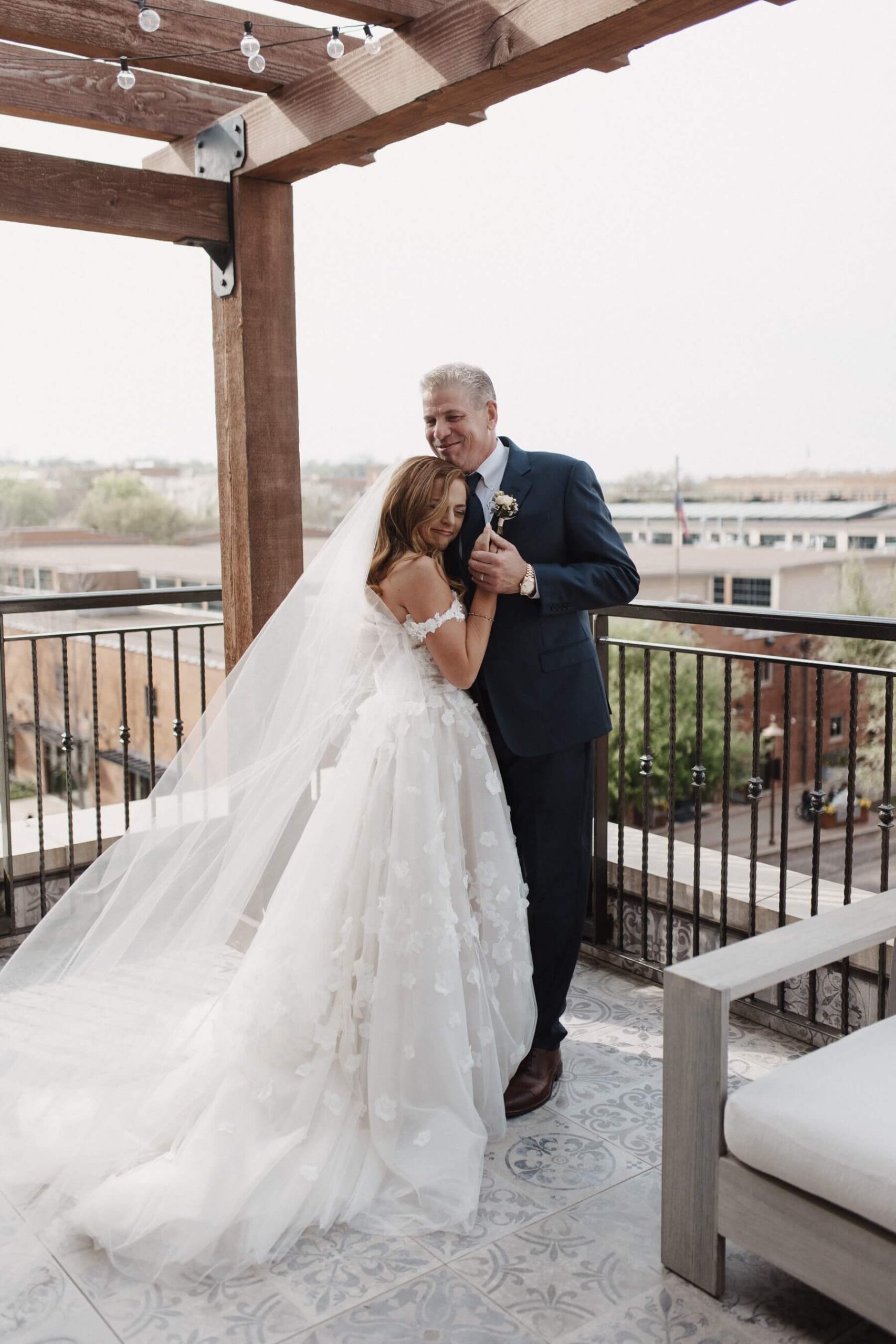 Bride and dad having emotional first look before Fort Worth wedding