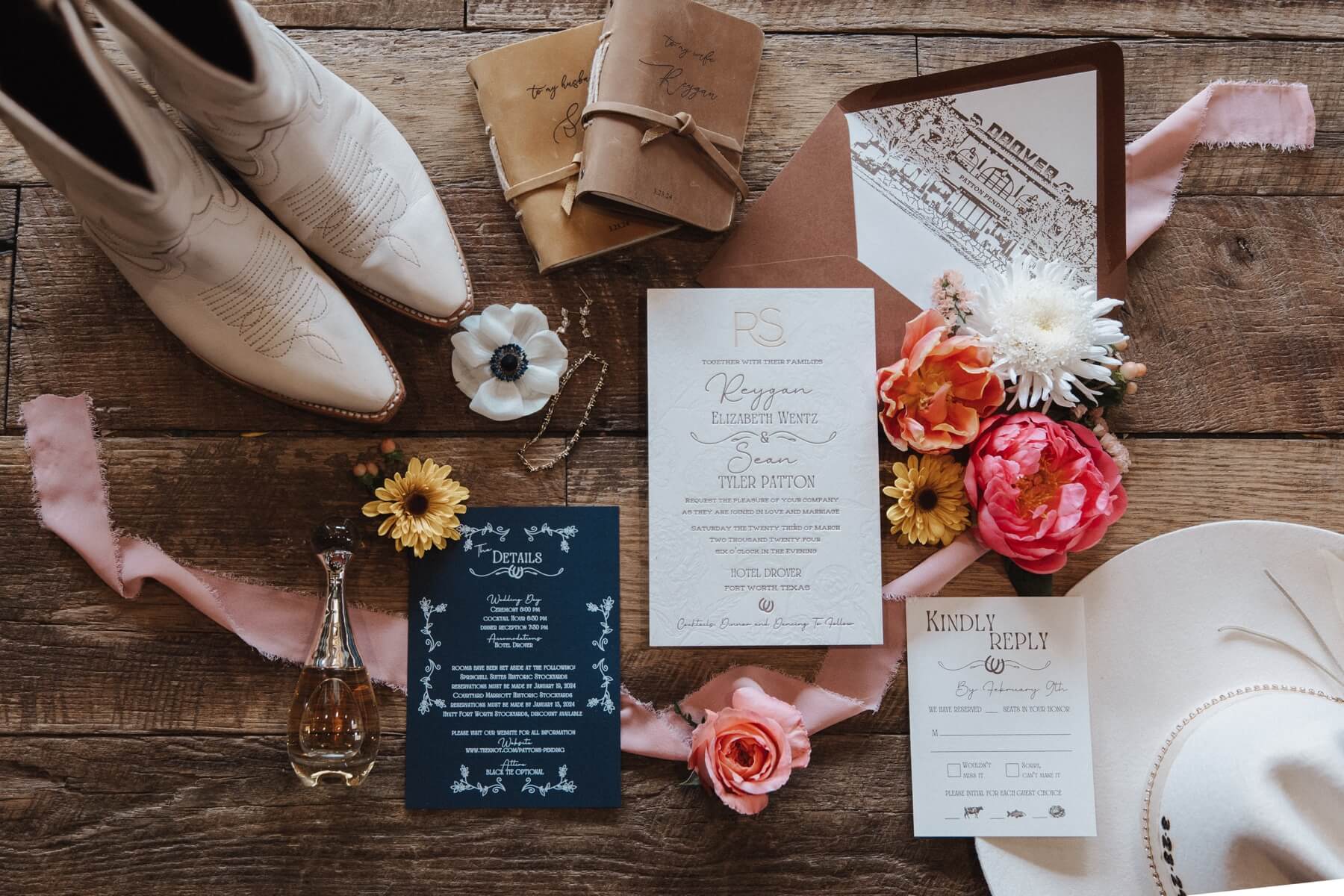 Blue and pink details of Hotel Drover wedding