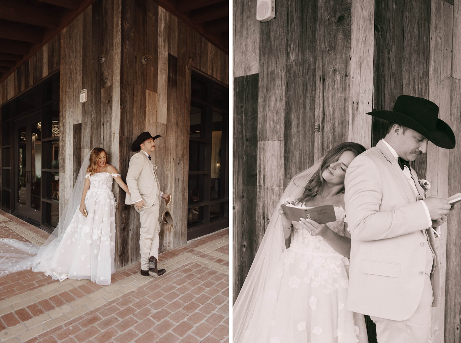 Bride and groom doing first touch while reading private vows